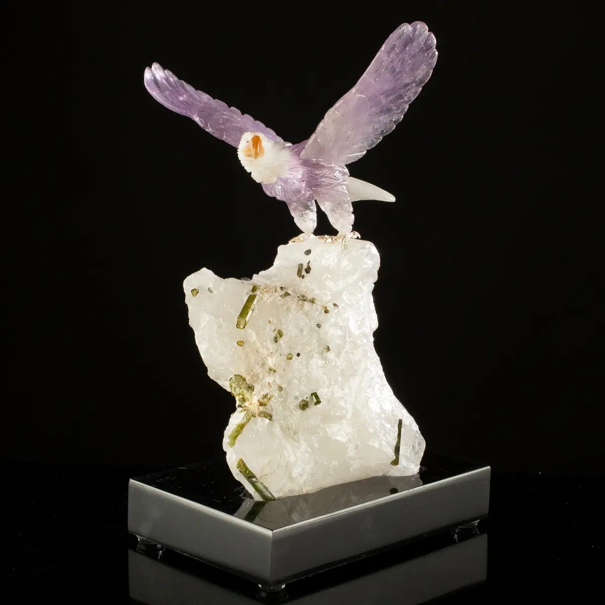 Peter Muller Amethyst & Quartz Eagle Carving On Tourmaline Base 1