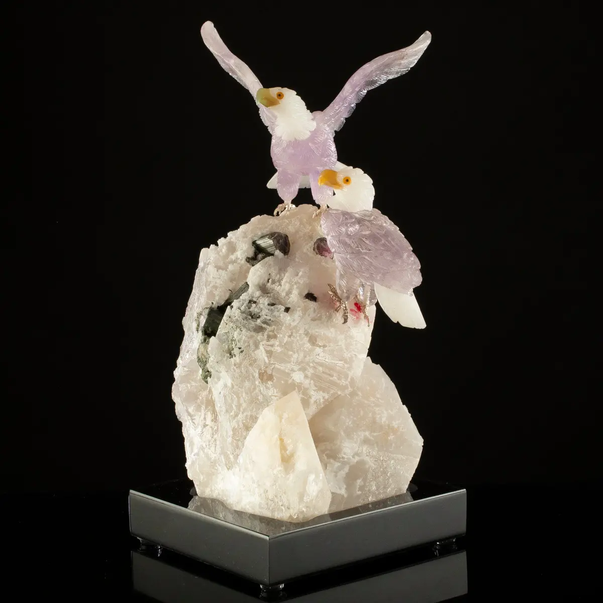 Peter Muller Amethyst & Quartz Eagle Couple Carving On Watermelon Tourmaline Base 1