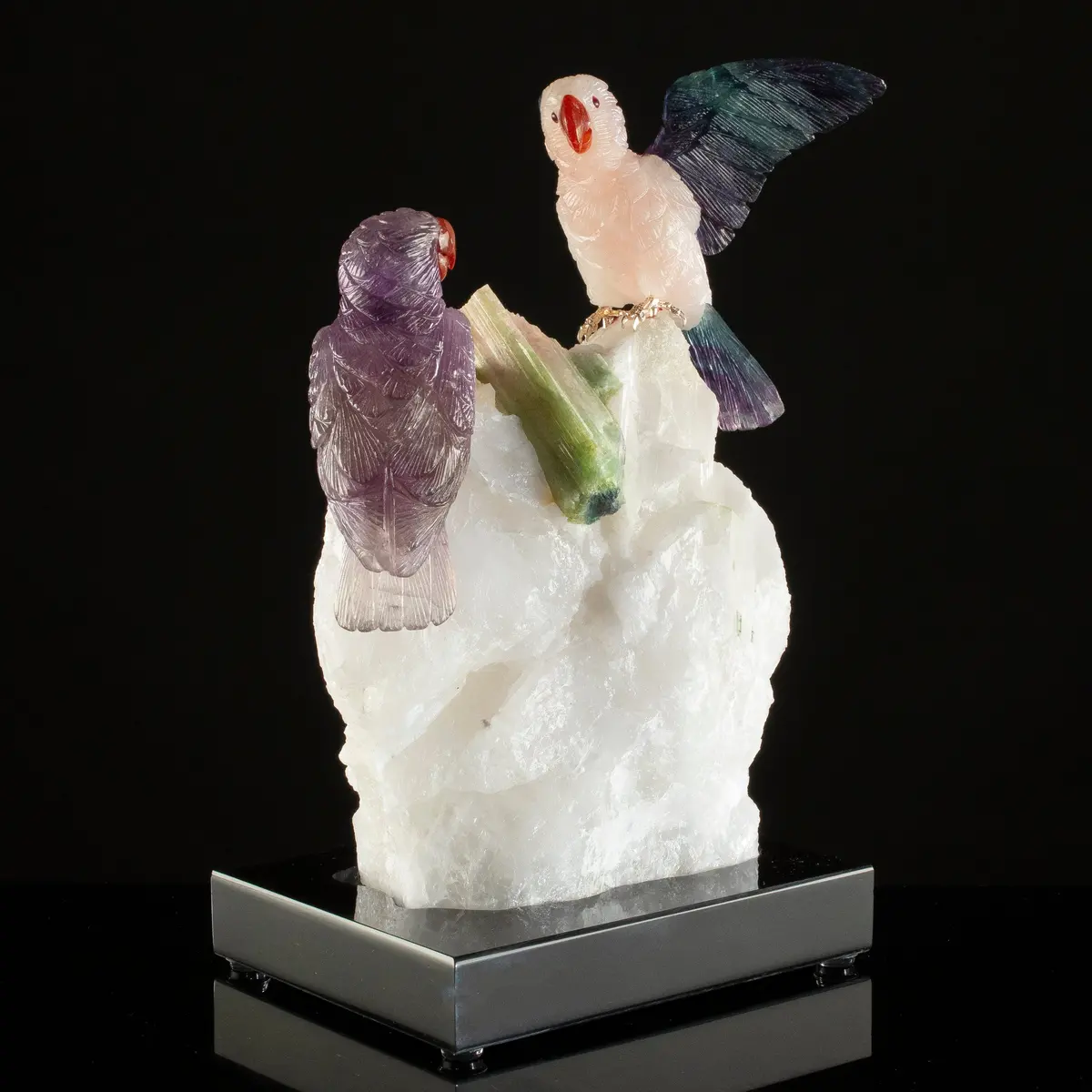 Peter Muller Amethyst, Rose Quartz, & Fluorite Parrot Couple Carving On Watermelon Tourmaline Base 1