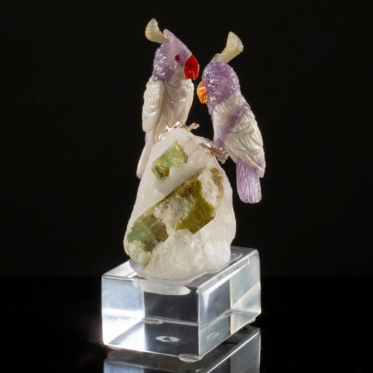 Peter Muller Chevron Amethyst Cockatoo Couple Carving On Tourmaline Base 1