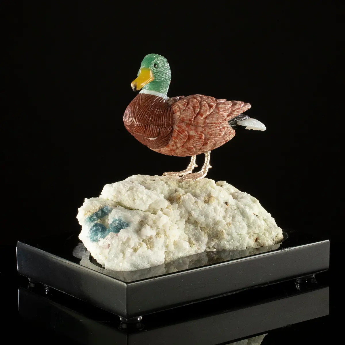 Peter Muller Dolomite & Aventurine Duck Carving On Quartz Geode Base 1