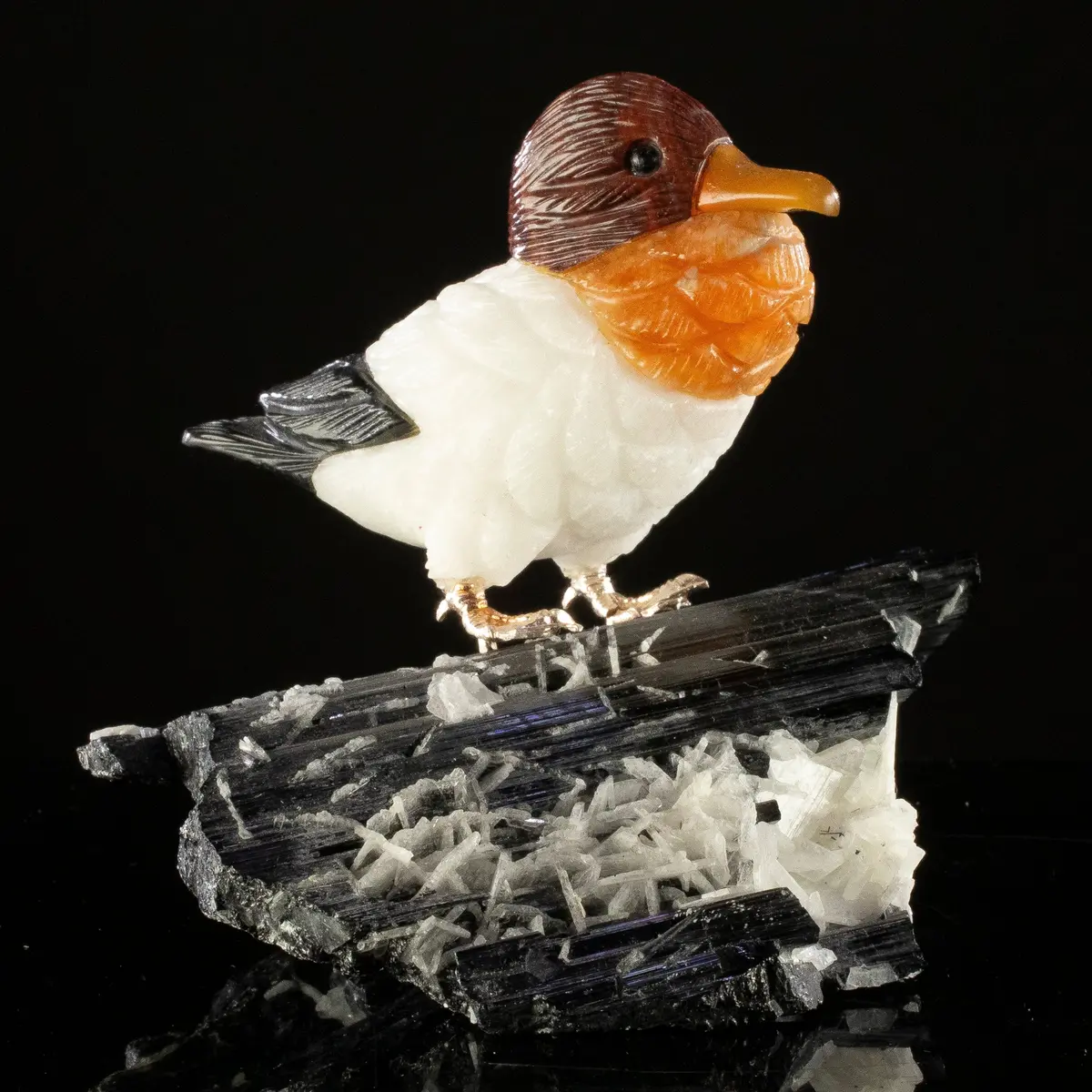 Peter Muller Dolomite, Quartz, Obsidian Duck Carving On Black Tourmaline Base 1