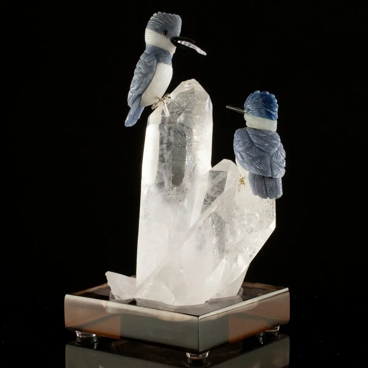 Peter Muller Dumortierite Kingfisher Couple Carving On Quartz Cluster Base 1