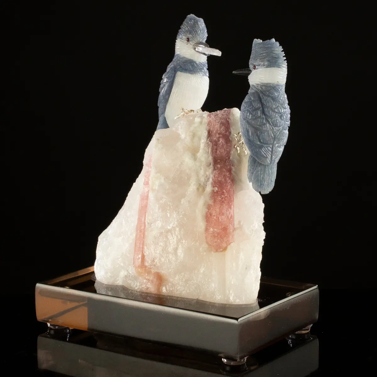 Peter Muller Dumortierite Kingfisher Couple Carving On Watermelon Tourmaline Base 1