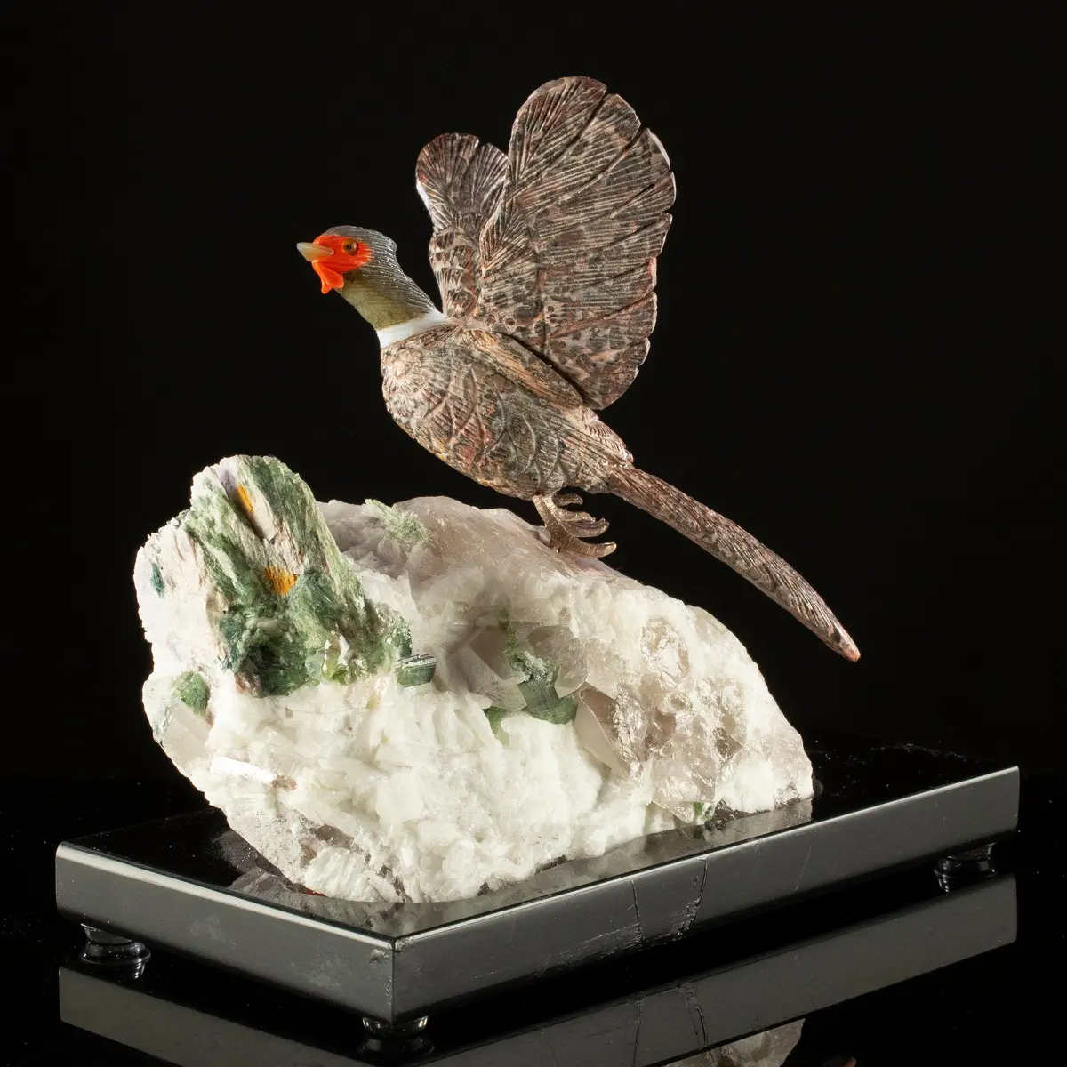 Peter Muller Leopard Skin Jasper Pheasant Carving On Watermelon Tourmaline Base 1