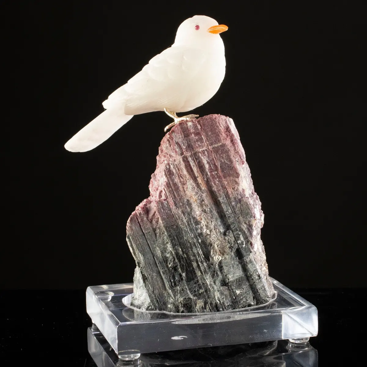 Peter Muller Quartz Dove Carving On Rubellite Base 1