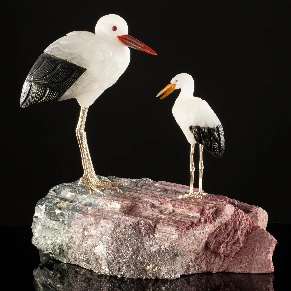 Peter Muller Quartz & Obsidian Stork Couple Carving On Tourmaline Base 1