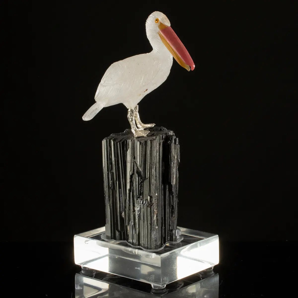 Peter Muller Quartz Pelican Carving On Black Tourmaline Base 1