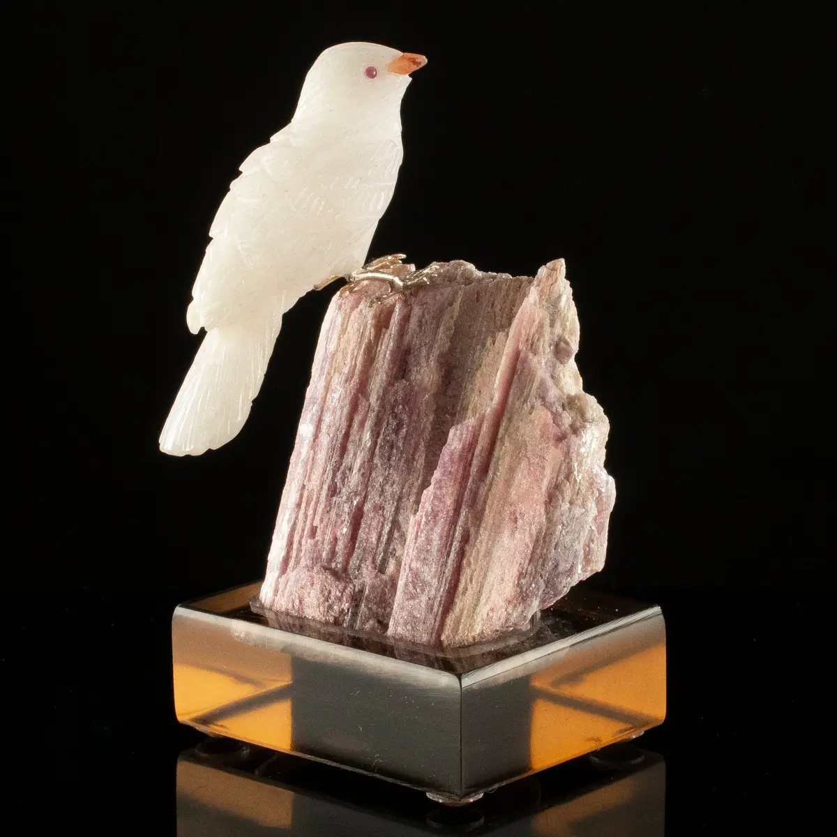 Peter Muller Quartz Pigeon Carving On Rubellite Base 1