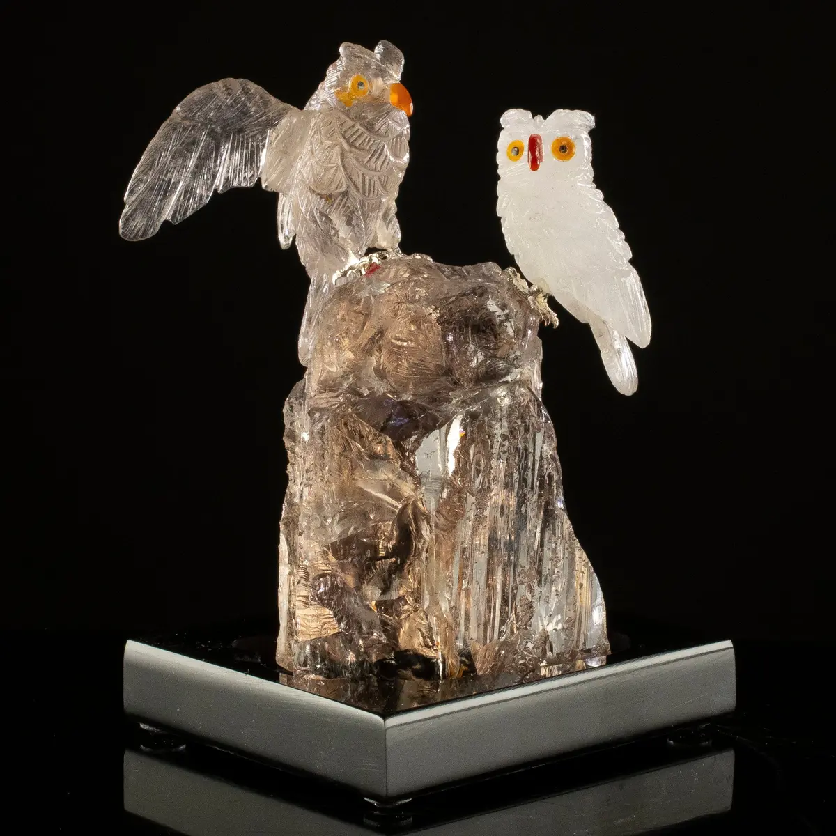 Peter Muller Quartz & Smoky Quartz Owl Couple Carving On Smoky Quartz Base 1
