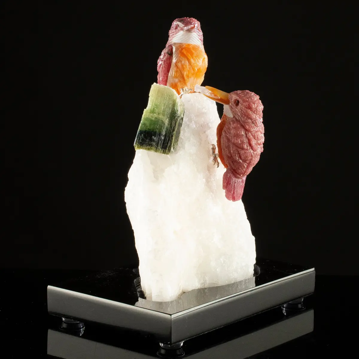 Peter Muller Rhodonite Kingfisher Couple Carving On Tourmaline Base 1