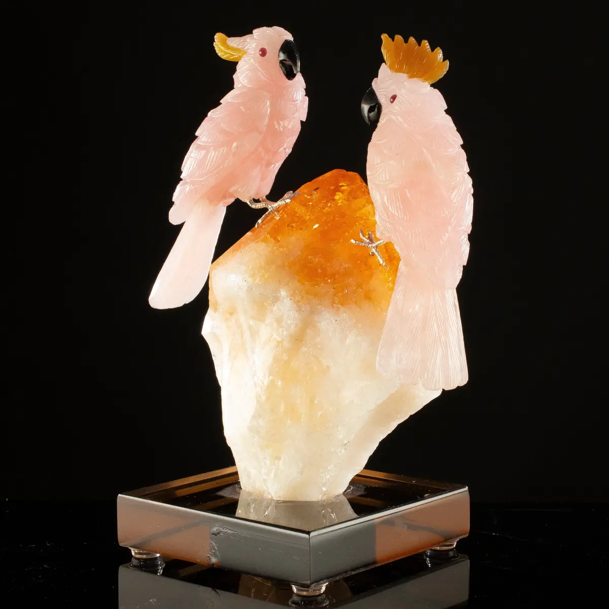 Peter Muller Rose Quartz Cockatoo Couple Carving On Citrine Base 1