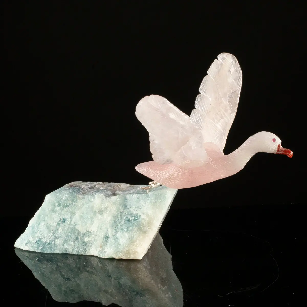 Peter Muller Rose Quartz Goose Carving On Aquamarine Base 1