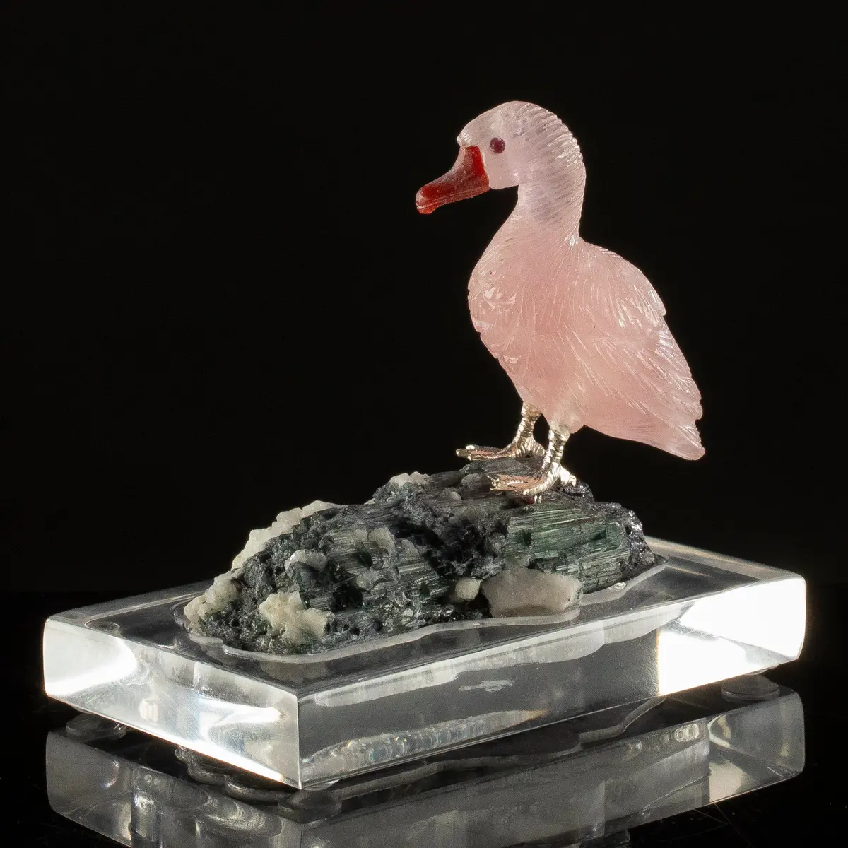 Peter Muller Rose Quartz Goose Carving On Tourmaline Base 1