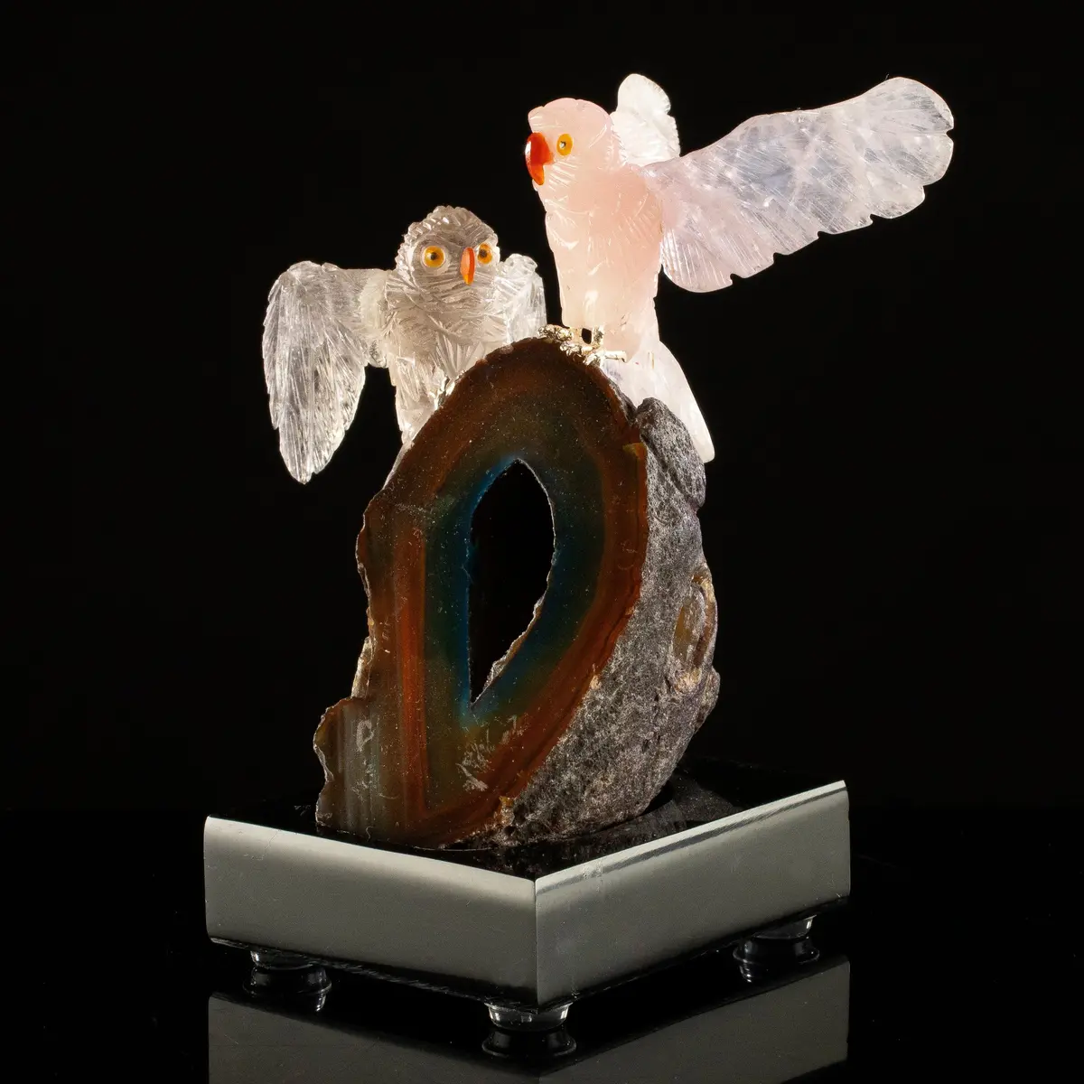 Peter Muller Rose Quartz & Obsidian Owl Couple Carving On Agate Geode Base 1