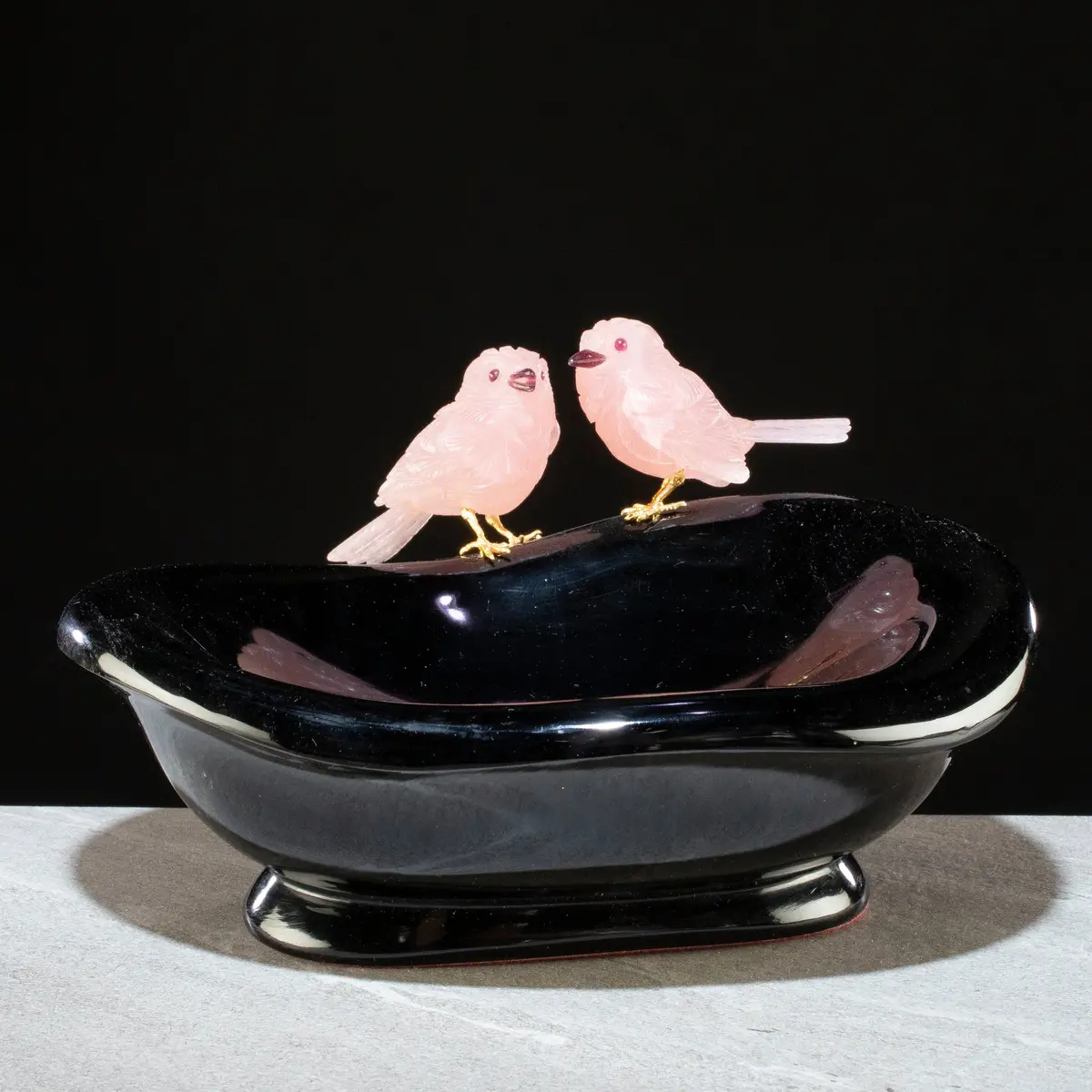 Peter Muller Rose Quartz Sparrow Couple Carving On Obsidian Bowl Base 1