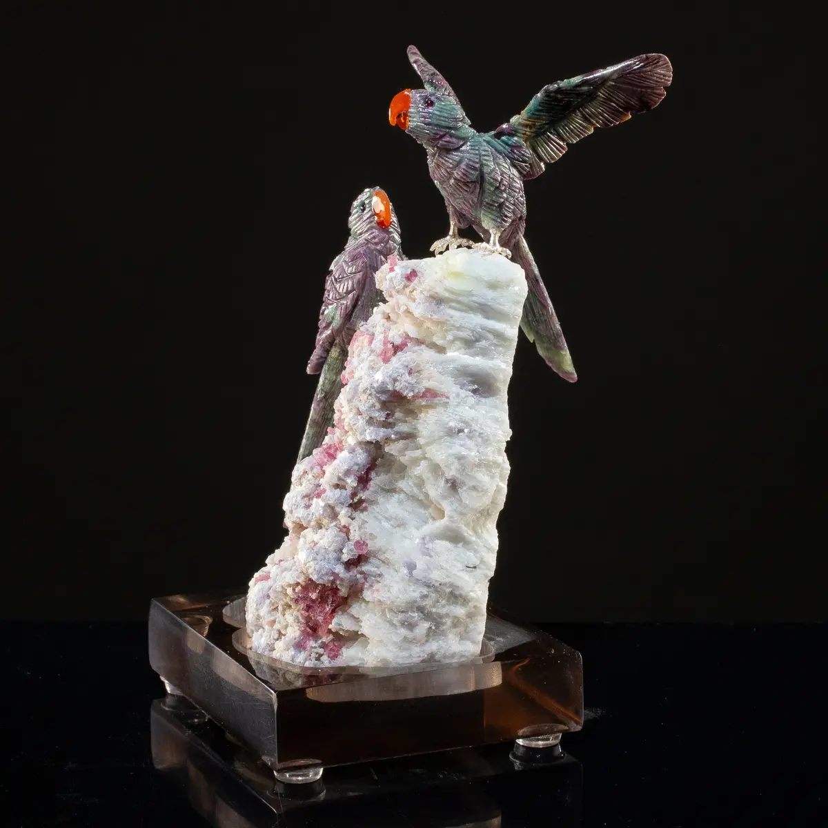Peter Muller Ruby Macaw Couple Carving On Rubellite Base 1