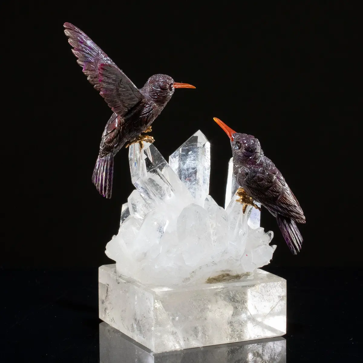 Peter Muller Sugilite Hummingbird Couple Carving On Quartz Cluster Base 1