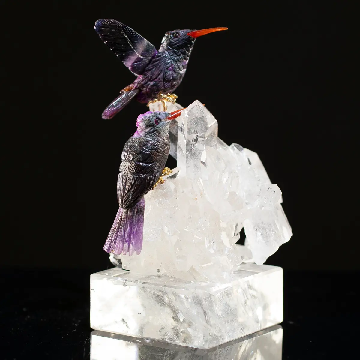 Peter Muller Sugilite Hummingbird Couple Carving On Quartz Cluster Base 1