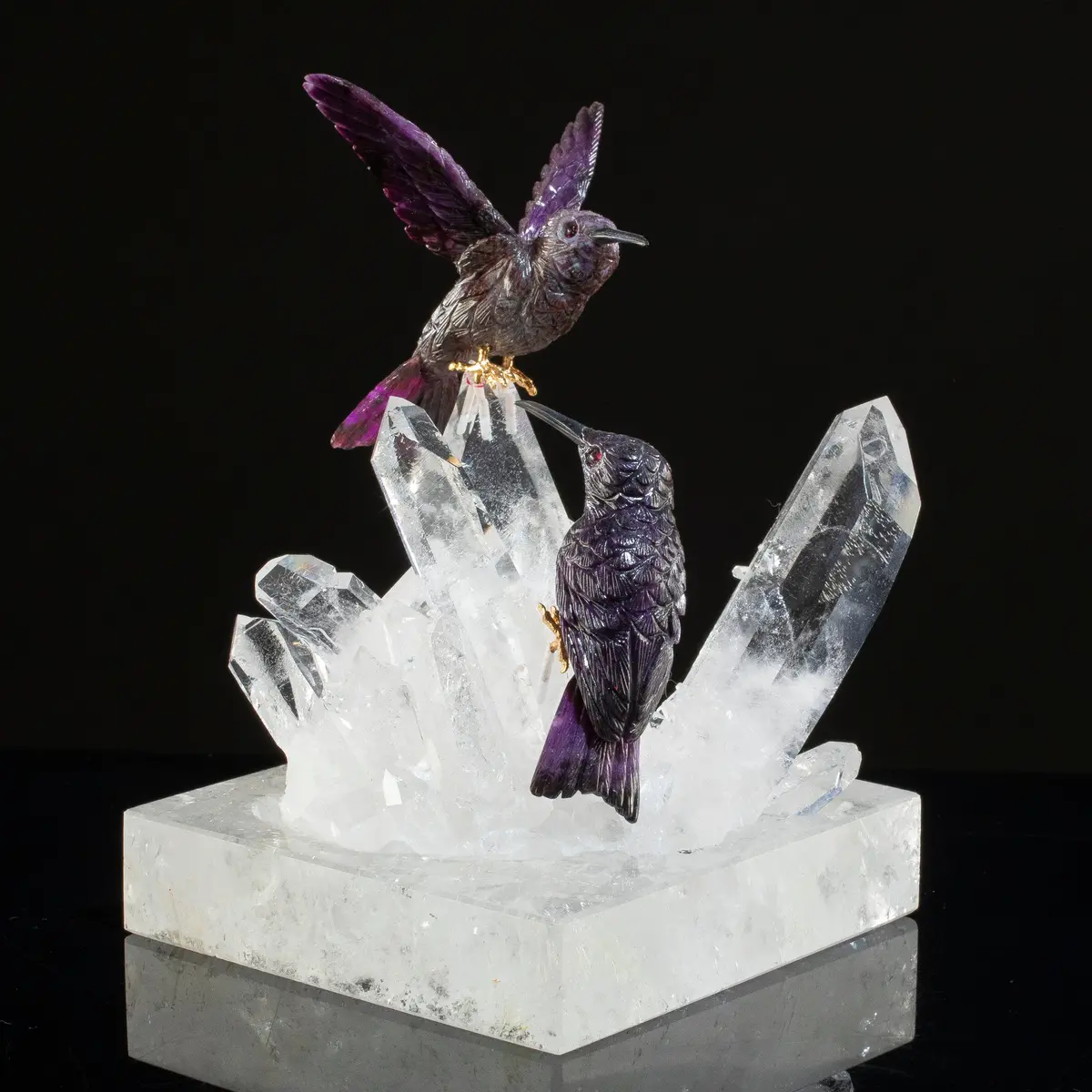 Peter Muller Sugilite Hummingbird Couple Carving On Quartz Cluster Base 1