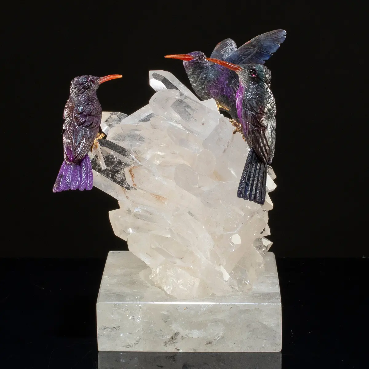 Peter Muller Sugilite Hummingbird Family Carving On Quartz Cluster Base 1