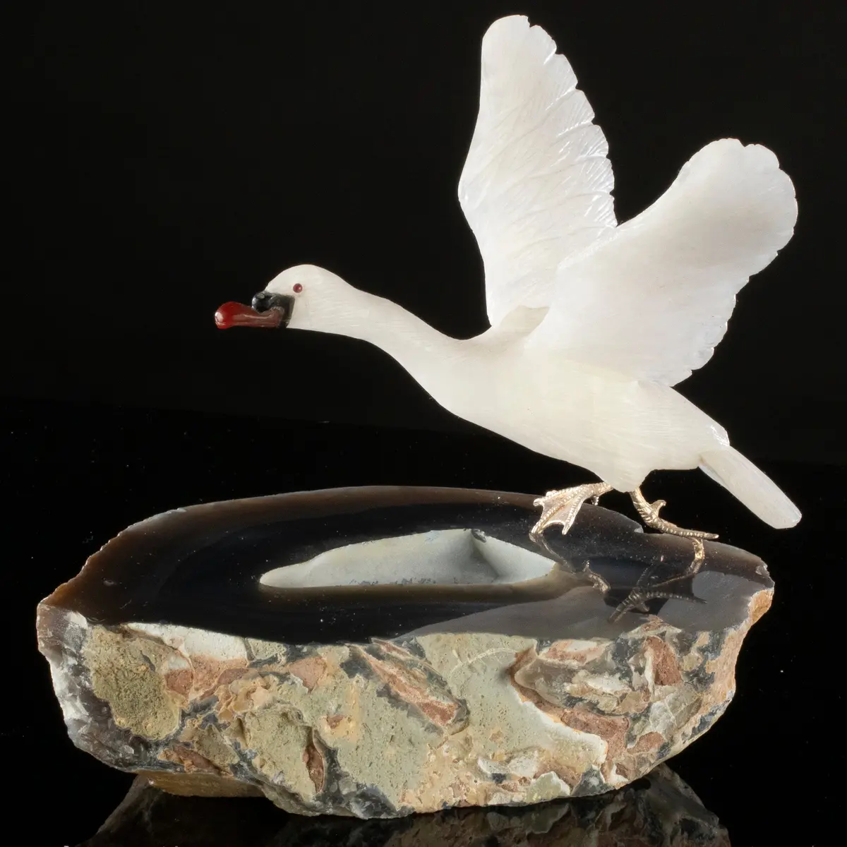 Peter Muller Quartz Goose Love Bird Carving On Agate Base 1
