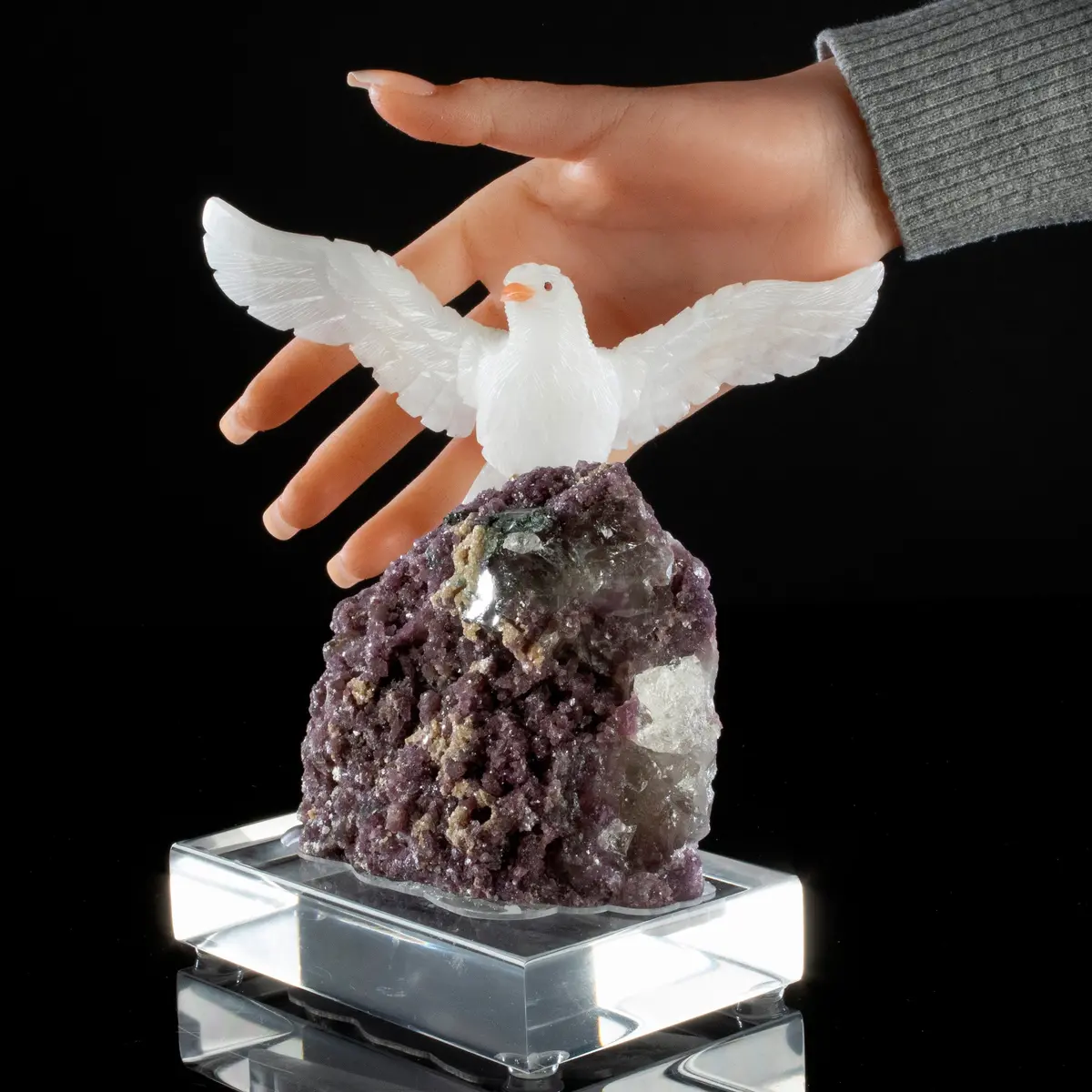 Peter Muller Quartz Pigeon Love Bird Carving On Lepidolite Base 2