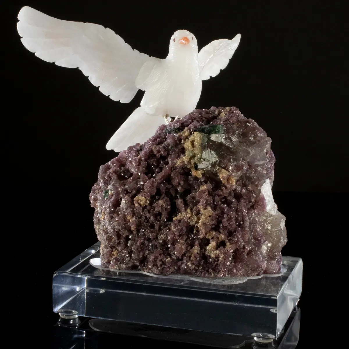 Peter Muller Quartz Pigeon Love Bird Carving On Lepidolite Base 1