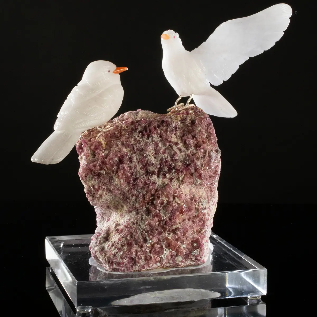 Peter Muller Quartz Pigeon Love Bird Carving On Pink Tourmaline Base 1