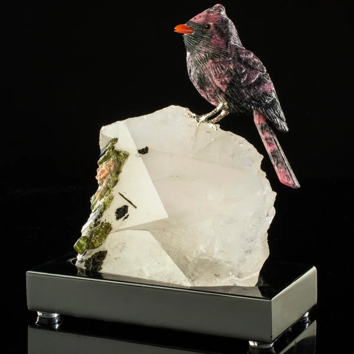 Peter Muller Rhodonite Cardinal Love Birds Carving On Watermelon Tourmaline Base 1