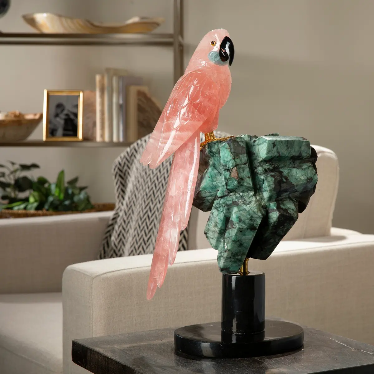 Rose Quartz Parrot On Ruby Zoisite Base Gemstone Bird Carving - 21" 1