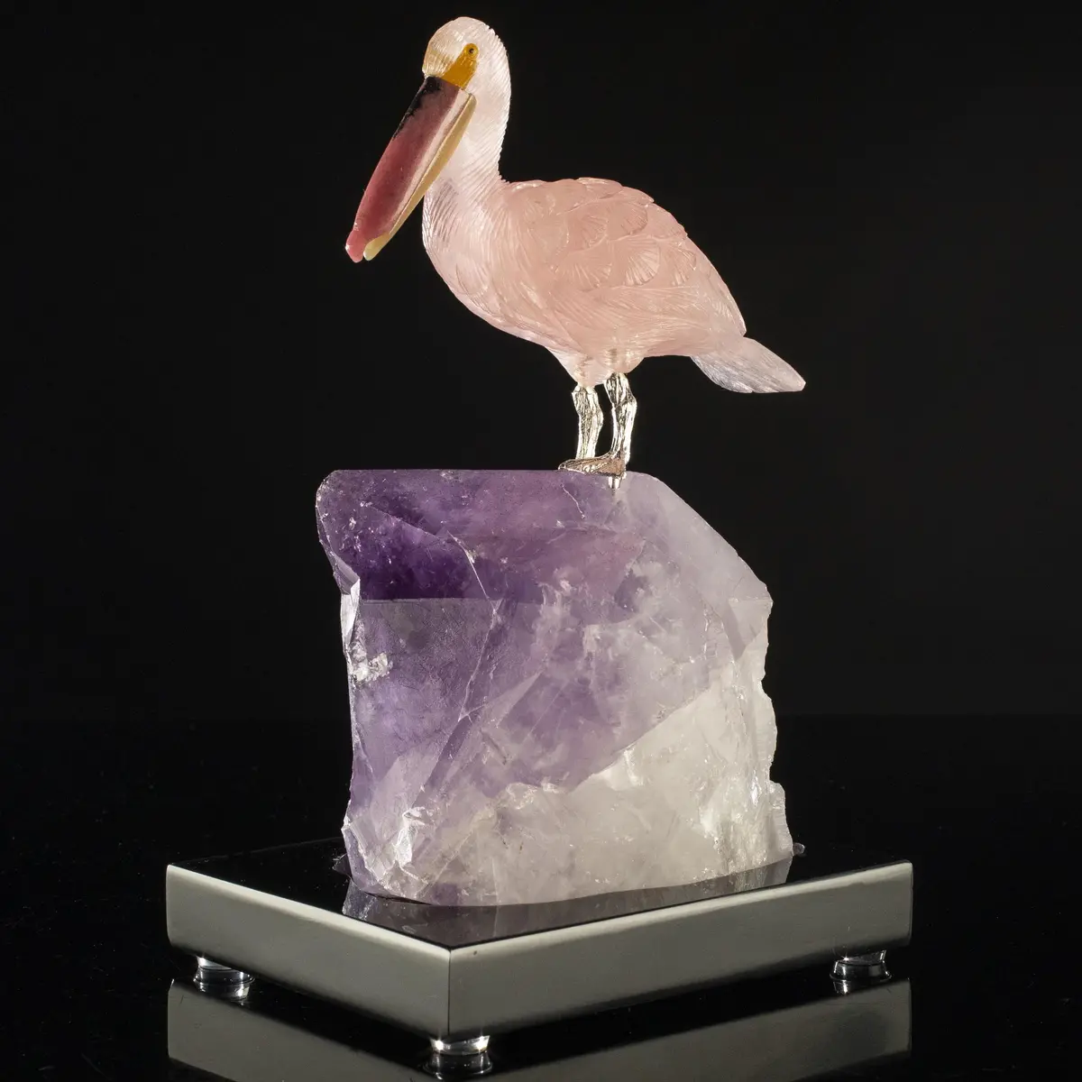 Peter Muller Rose Quartz Pelican Love Birds Carving On Amethyst Point Base 1