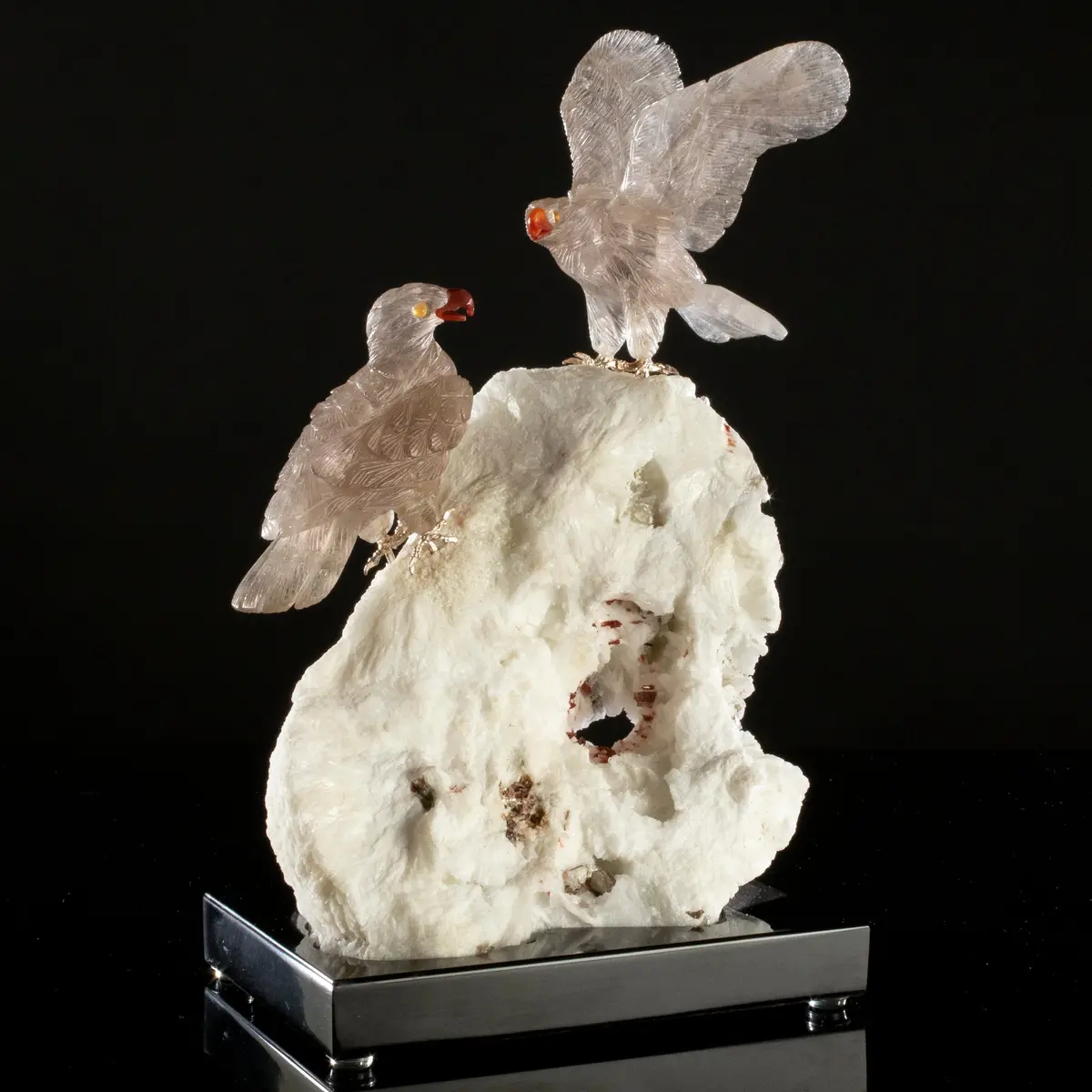 Peter Muller Smoky Quartz Eagle Pair Love Birds Carving On Mica & Tourmaline Base 1