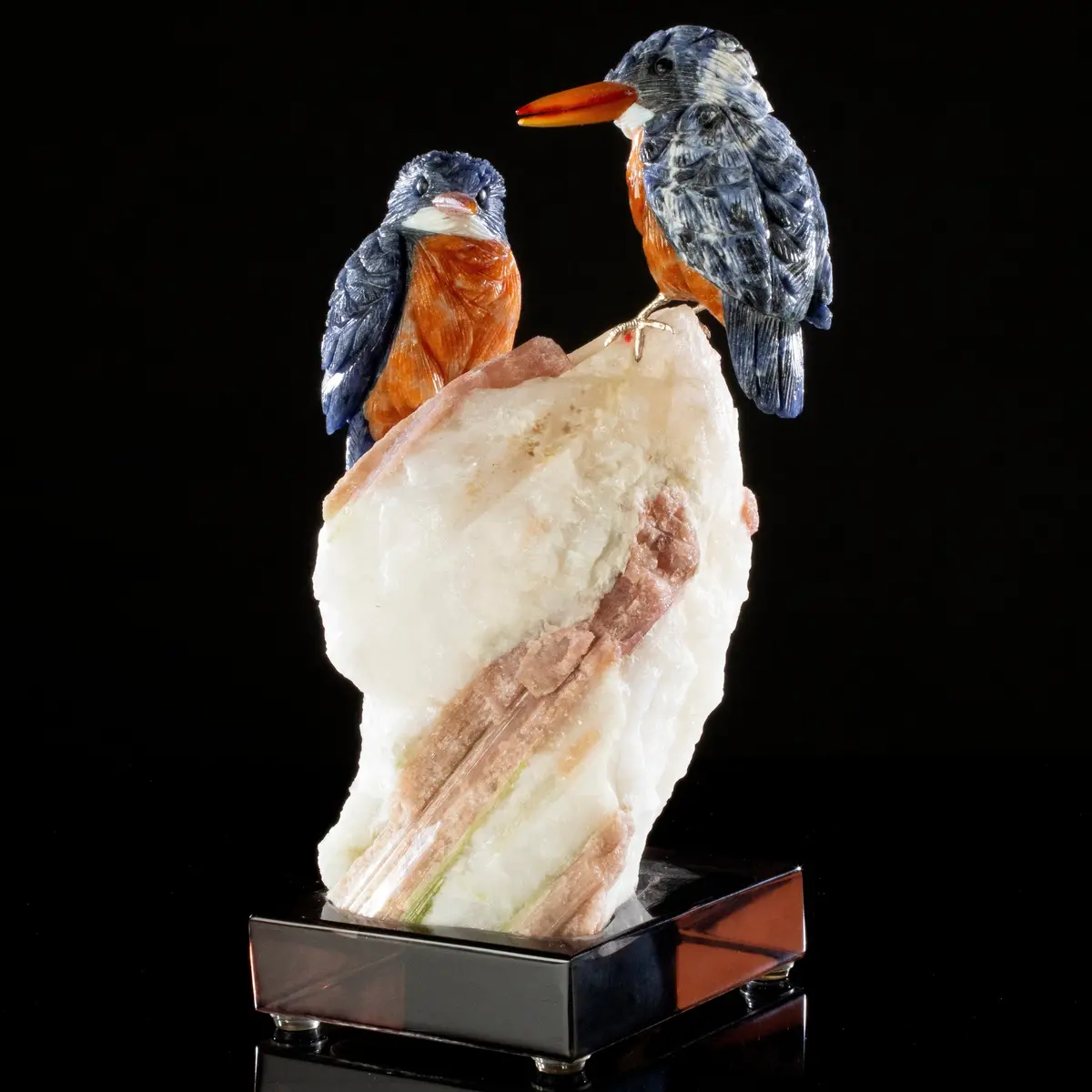 Peter Muller Sodalite Belted Kingfisher Love Birds Carving On Tourmaline Base 1