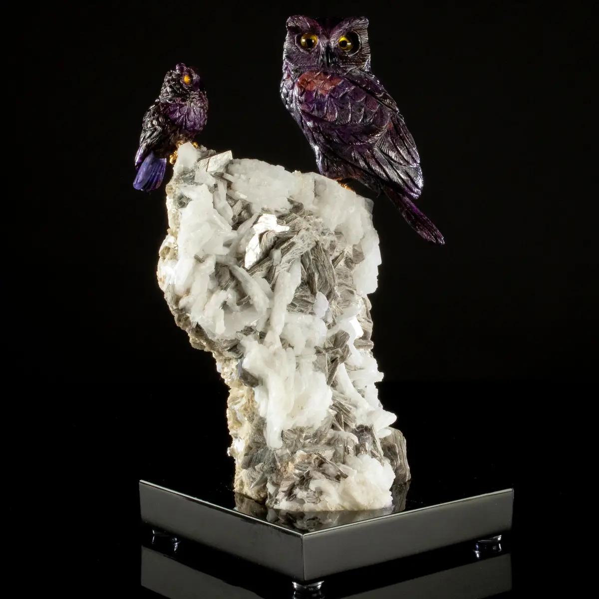 Peter Muller Sugilite Owl Pair Love Birds Carving On Albite & Mica Base 1