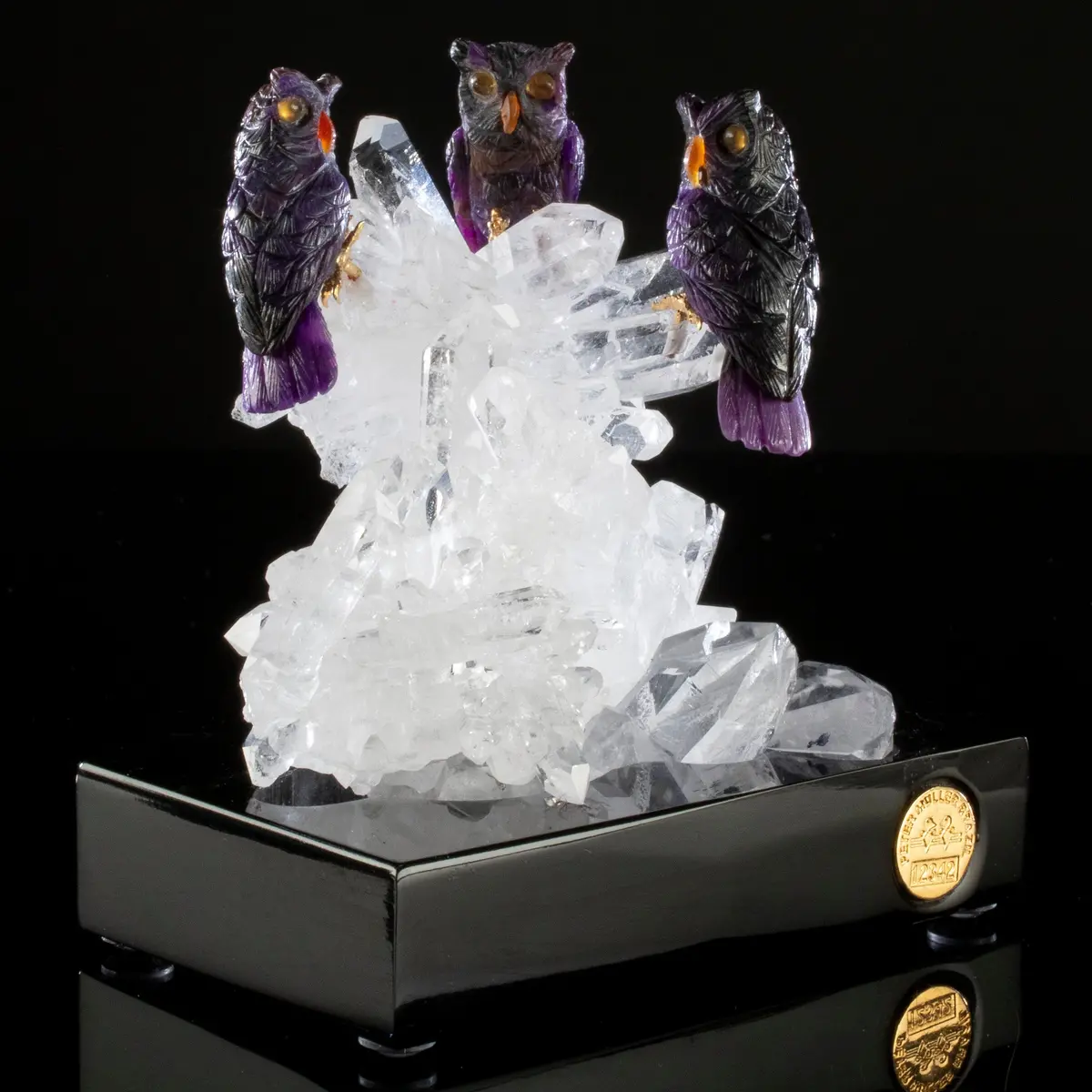 Peter Muller Sugilite Owl Trio Love Birds Carving On Clear Quartz Point Cluster Base 1