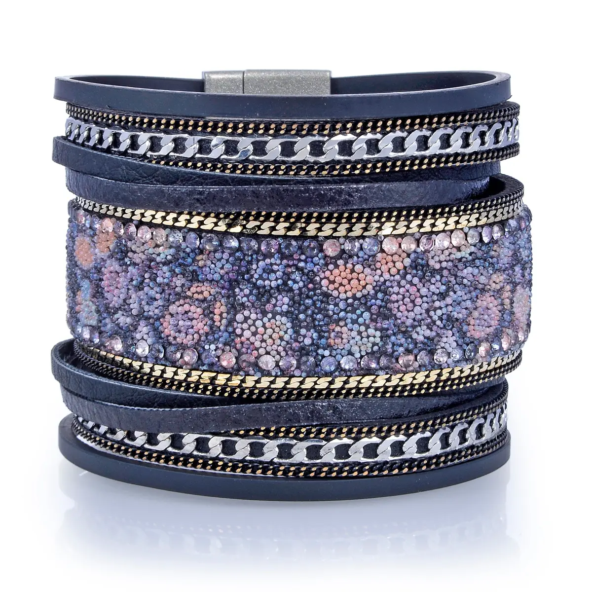 Multiple Layer Fine Bead Leather Strand Bracelet Black With Magnetic Clasp 1