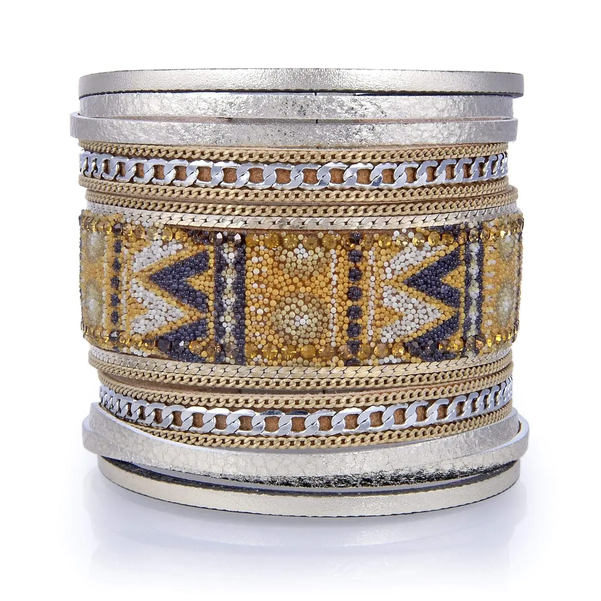 Multiple Layer Fine Bead Leather Strand Bracelet Gold With Magnetic Clasp 1