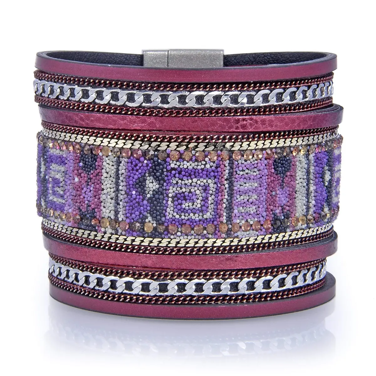 Multiple Layer Fine Bead Leather Strand Bracelet Red With Magnetic Clasp 1