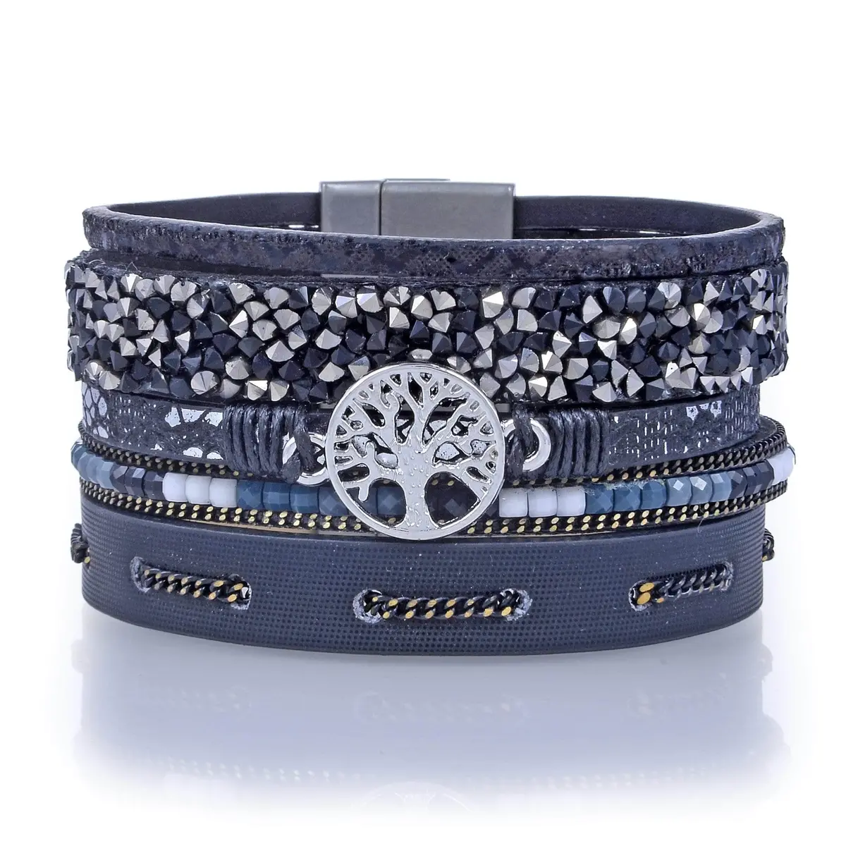 Multiple Layer Mosaic Crystal Leather Strand Bracelet Black With Magnetic Clasp 1