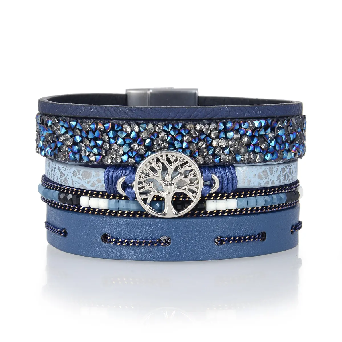 Multiple Layer Mosaic Crystal Leather Strand Bracelet Navy Blue With Magnetic Clasp 1