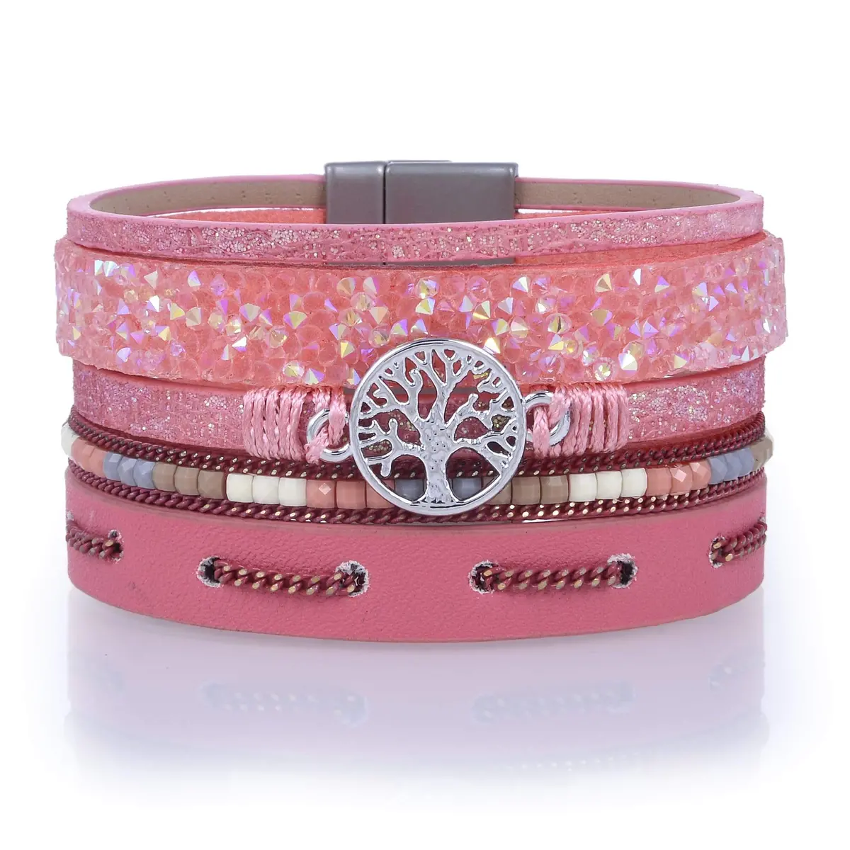 Multiple Layer Mosaic Crystal Leather Strand Bracelet Pink With Magnetic Clasp 1