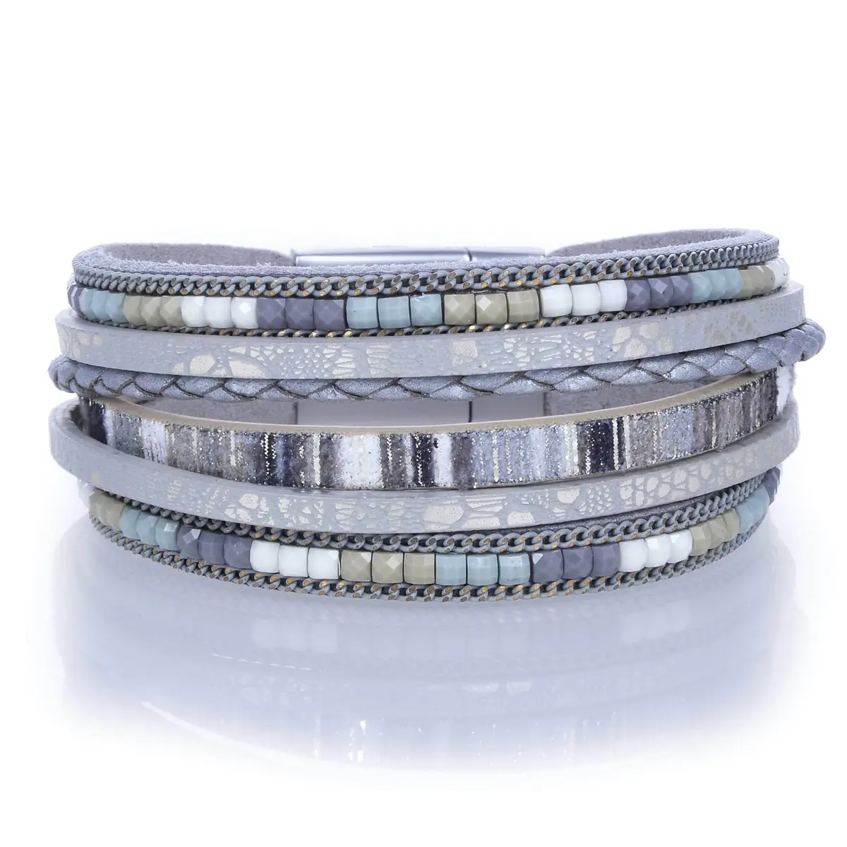 Multiple Layer Strand Bracelet Woven Leather Gray/Green With Magnetic Clasp 1