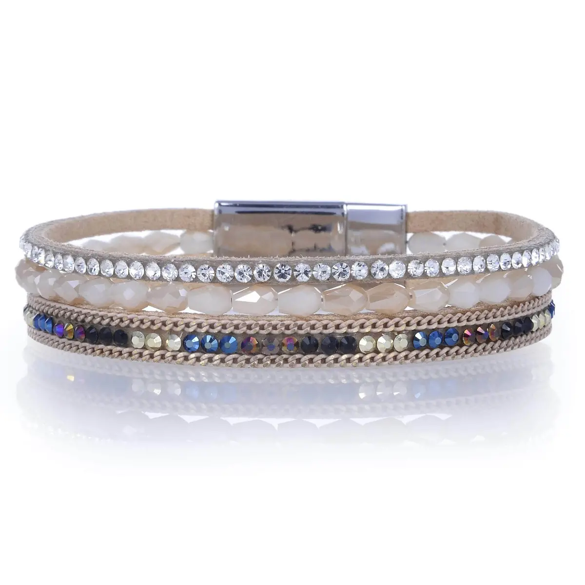 Multiple Layer Strands Leather Band Bracelet Briolette Gemstone Bead Brown With Magnetic Clasp 1
