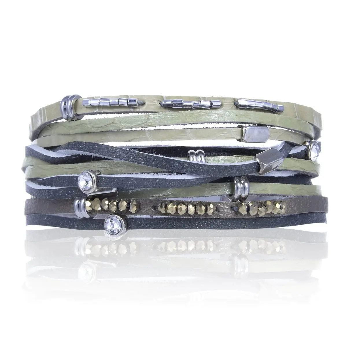 Multiple Leather Strand Bracelet Green With Magnetic Clasp 1