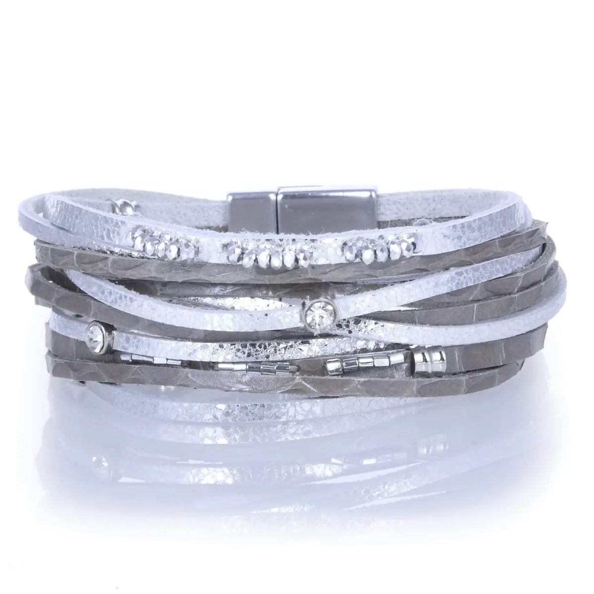 Multiple Leather Strand Bracelet Silver With Magnetic Clasp 1