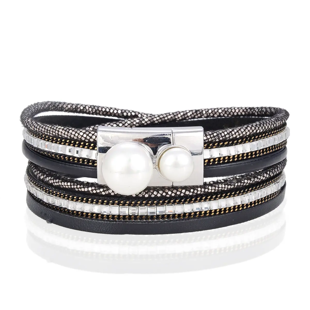 Multiple Strand Black Bracelet With Natural Gemstone And Magnetic Clasp 1