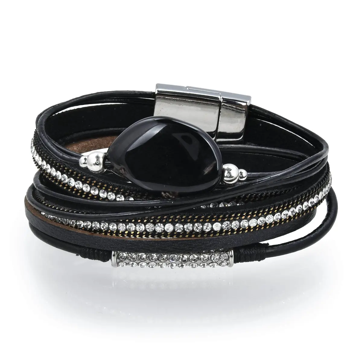 Multiple Strand Bracelet Quartz Gemstone Black With Magnetic Clasp 1