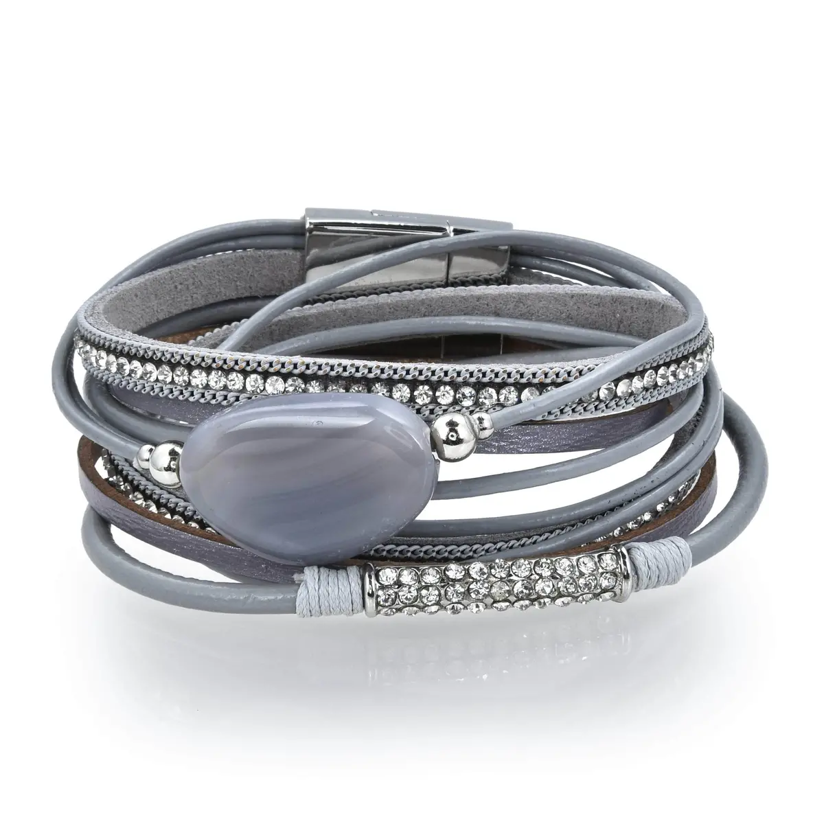 Multiple Strand Bracelet Quartz Gemstone Gray With Magnetic Clasp 1