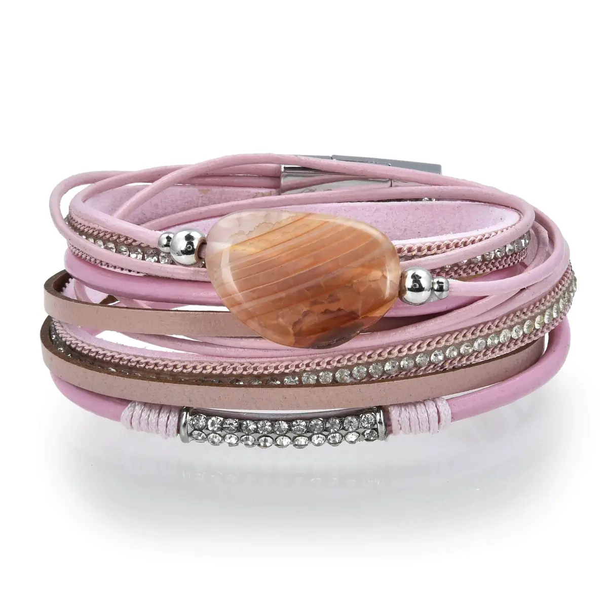 Multiple Strand Bracelet Quartz Gemstone Pink With Magnetic Clasp 1